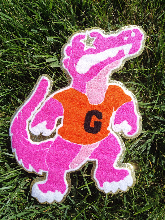 Hot Pink Gator Mascot with Star Eyes Large Chenille Iron-on Patch