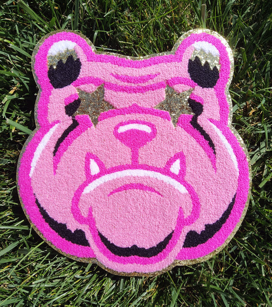 Hot Pink Bulldog Mascot with Star Eyes Large Chenille Iron-on Patch