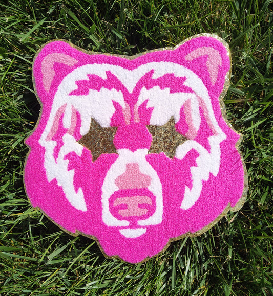 Hot Pink Bear Mascot with Star Eyes Large Chenille Iron-on Patch