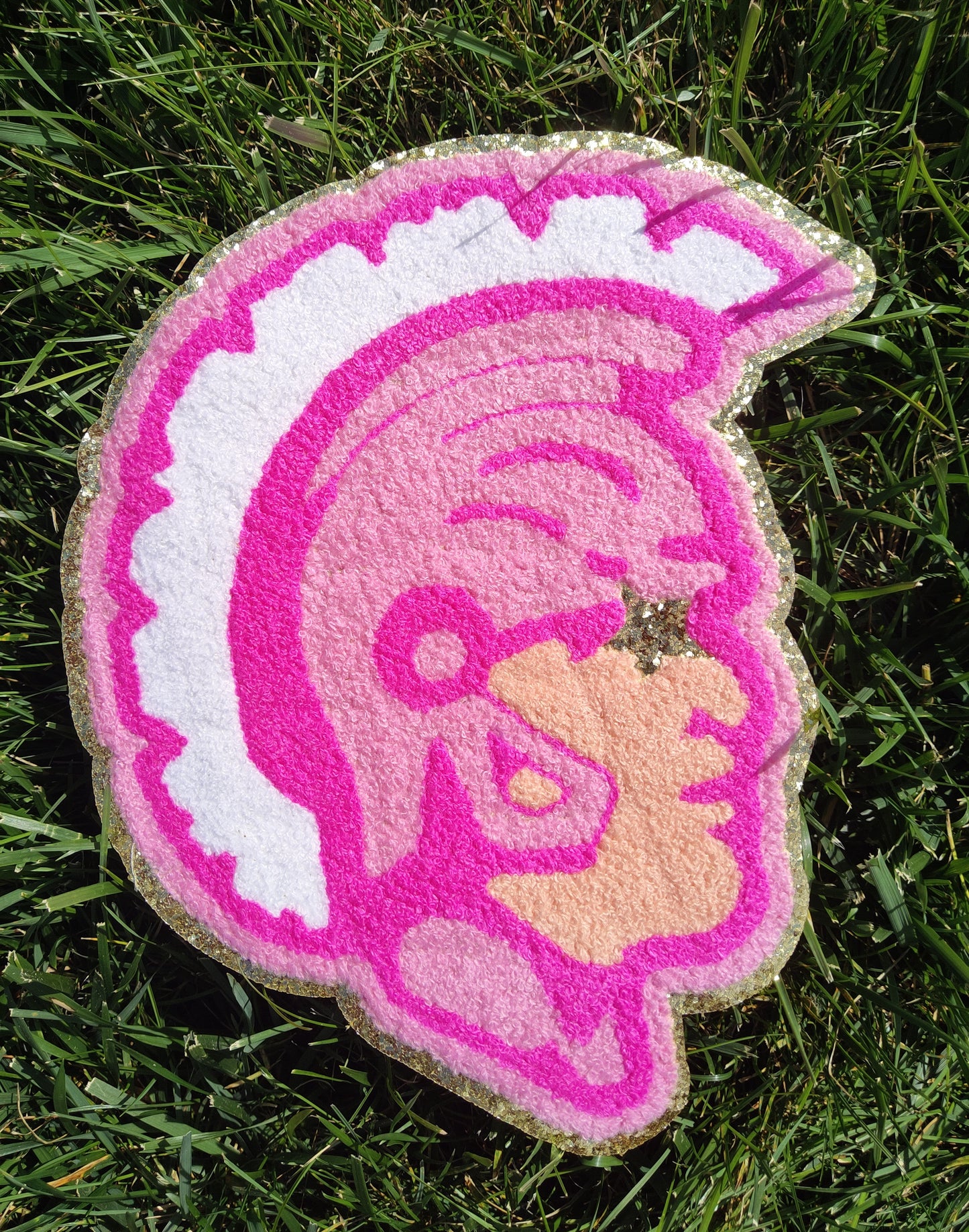 Hot Pink Trojan Spartan Mascot with Star Eyes Large Chenille Iron-on Patch