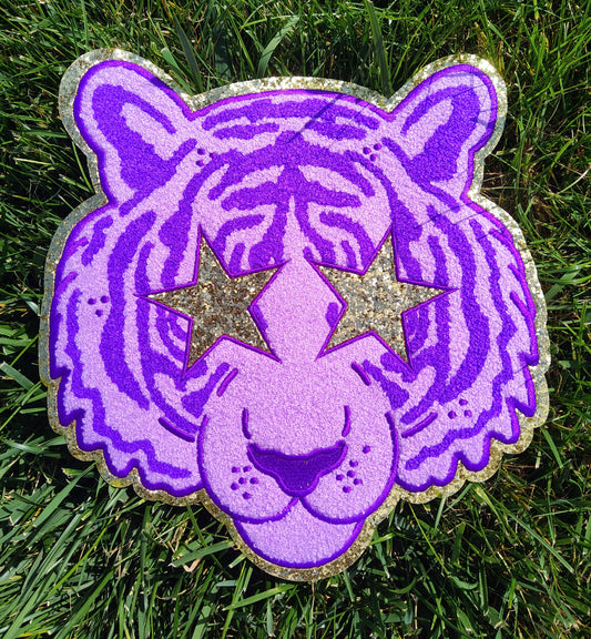 Preppy Purple Tiger Mascot Star Eyes Large Chenille Iron-on Patch