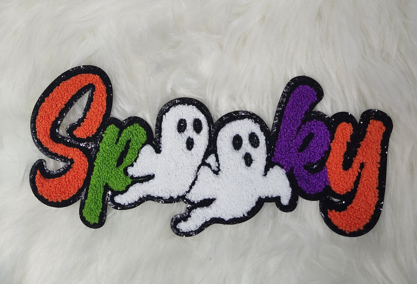 Large Spooky Double Ghost with Black Glitter Iron On Patch