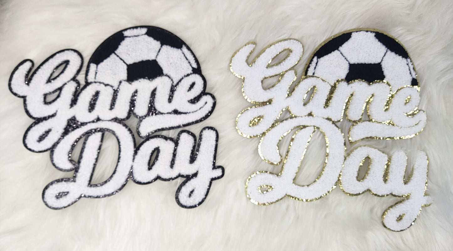 Large White Soccer Game Day Chenille Iron-on Glitter Patch