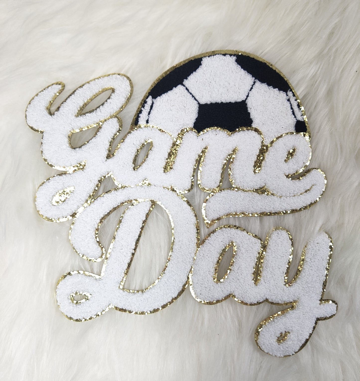 Large White Soccer Game Day Chenille Iron-on Glitter Patch