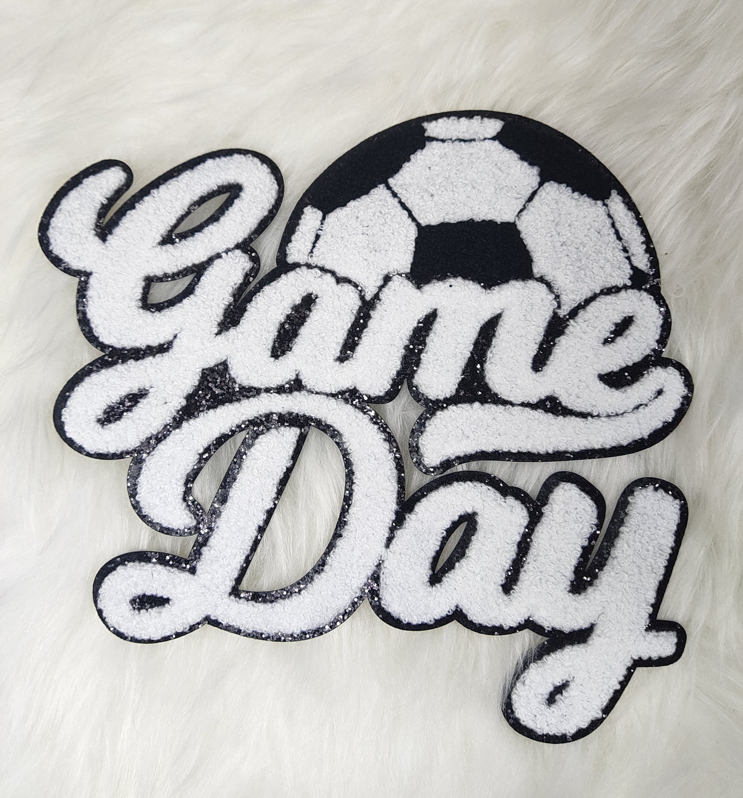 Large White Soccer Game Day Chenille Iron-on Glitter Patch