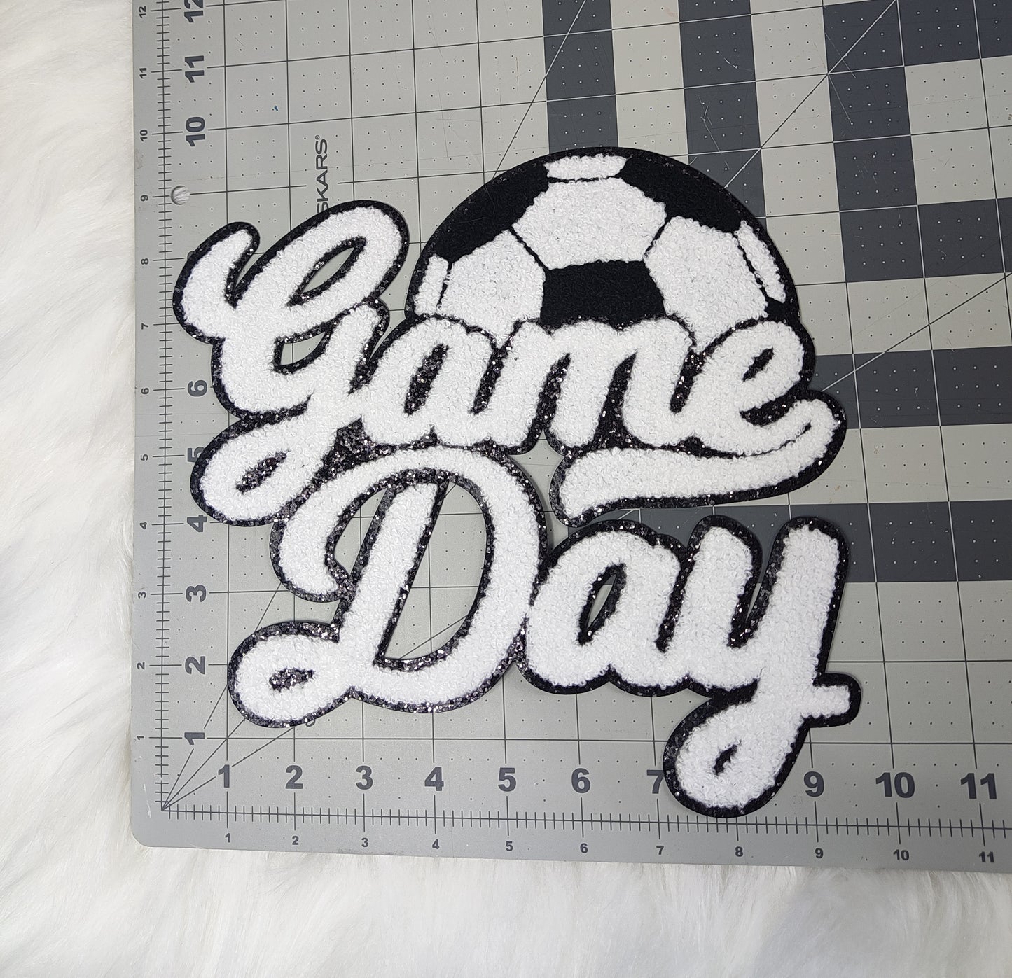 Large White Soccer Game Day Chenille Iron-on Glitter Patch