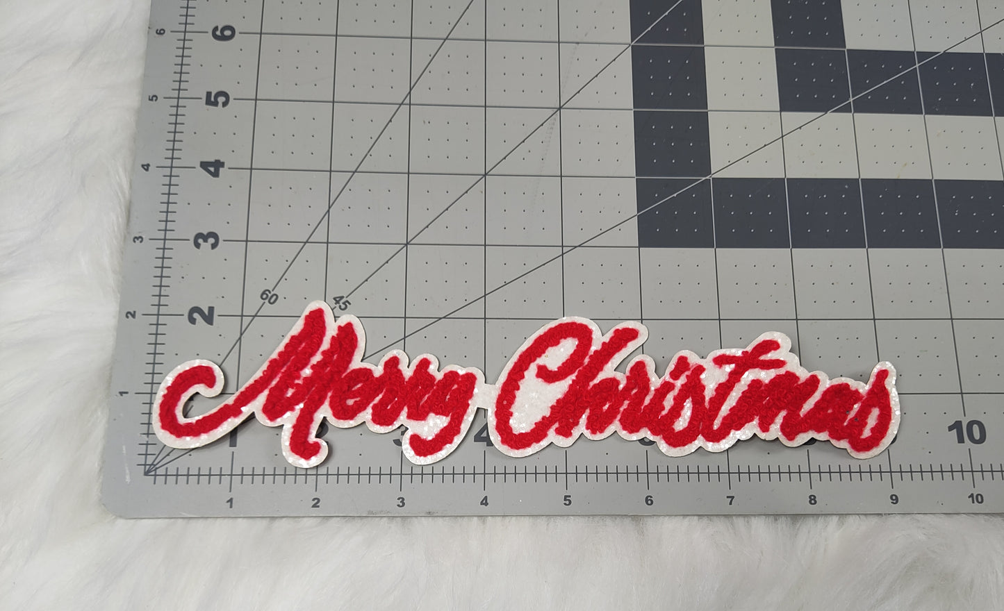 'Merry Christmas' Cursive Red Chenille on White Glitter Iron On Patch