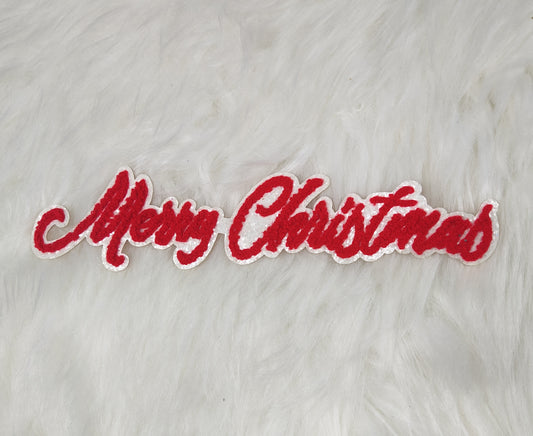 'Merry Christmas' Cursive Red Chenille on White Glitter Iron On Patch