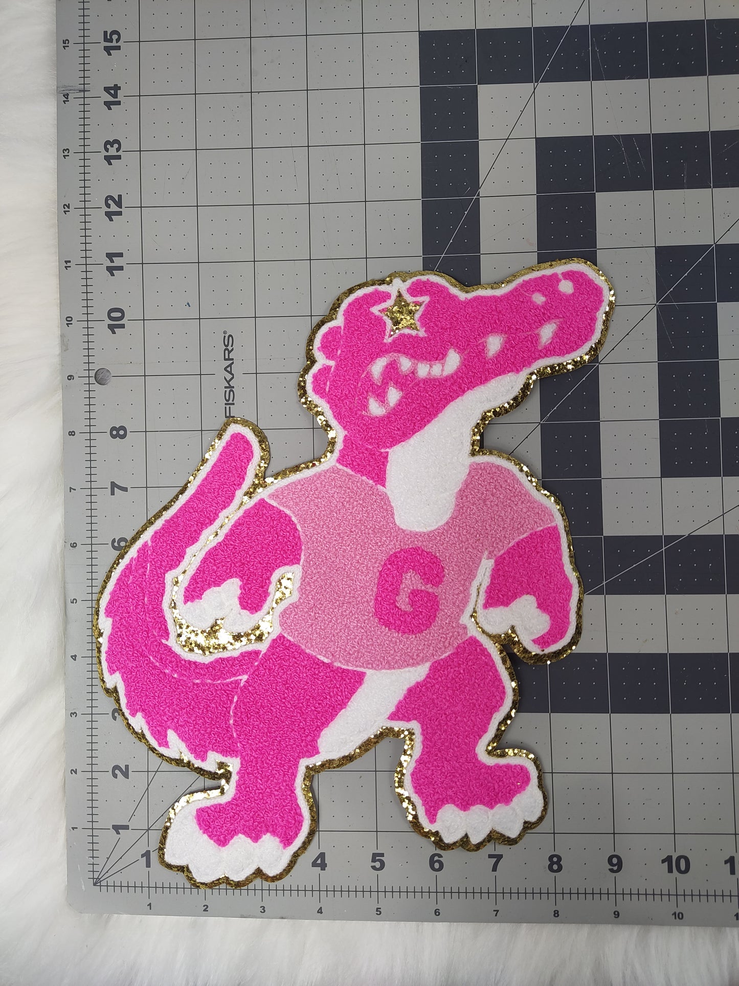 Hot Pink Gator Mascot with a Pink Tee and Star Eyes Large Chenille Iron-on Patch