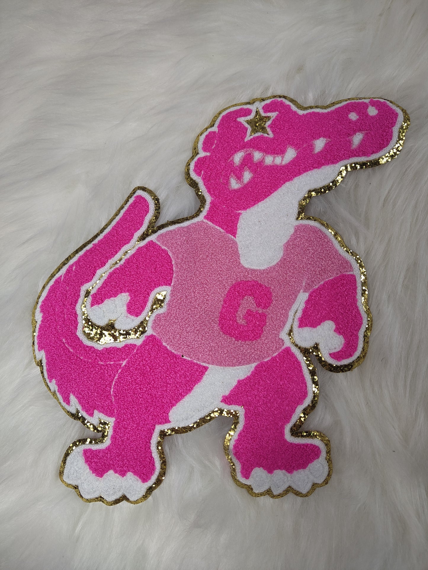 Hot Pink Gator Mascot with a Pink Tee and Star Eyes Large Chenille Iron-on Patch