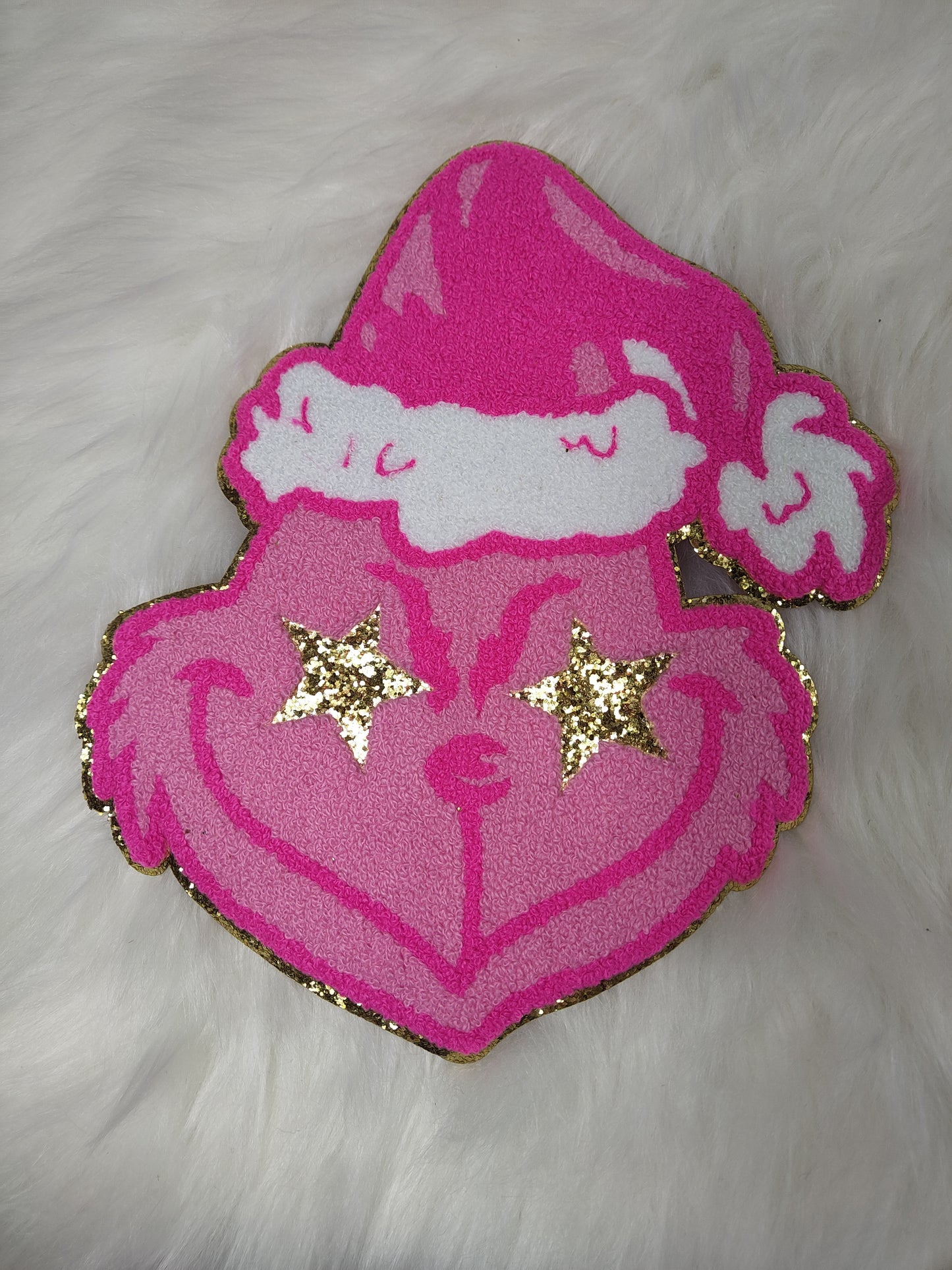 Hot Pink Grinchy with Star Eyes and Gold Glitter Iron On Patch