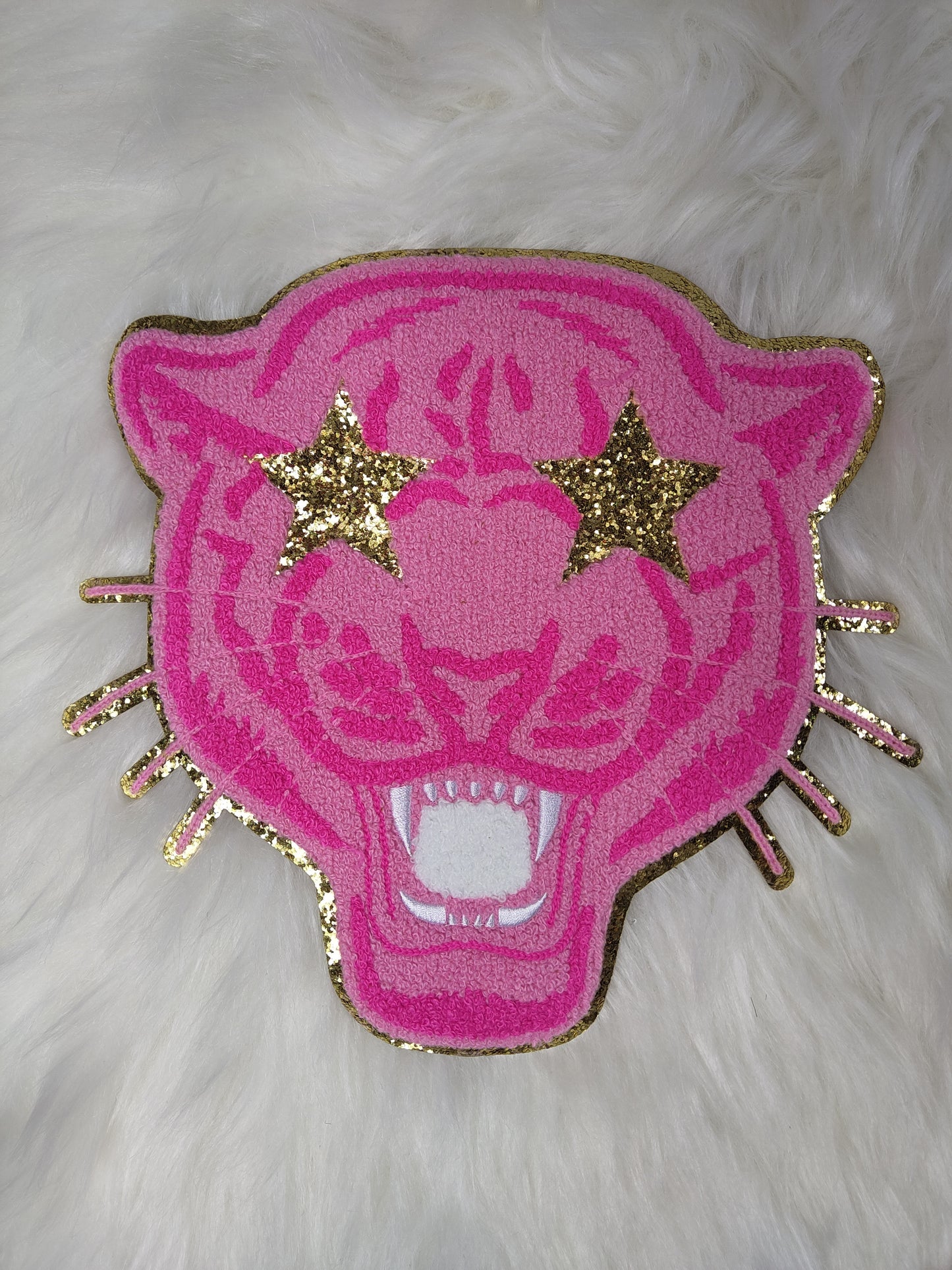 Hot Pink Panther Jaguar Leopard Bobcat Mascot with Star Eyes Large Chenille Iron-on Patch