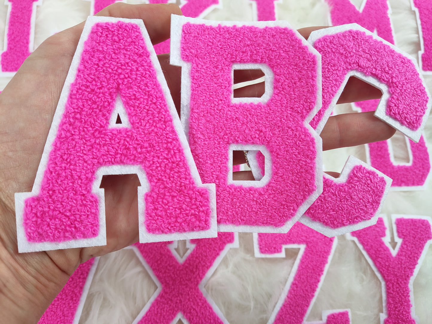 Hot Pink Chenille on Felt Iron On Letter Patches
