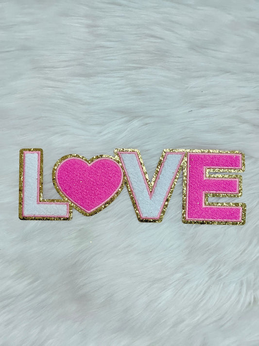 LOVE With Pink Heart on Gold Glitter Chenille Iron-on Patch