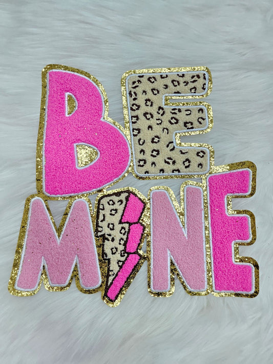 BE MINE Pink Cheetah Lightning Bolt on Gold Glitter Chenille Iron-on Patch