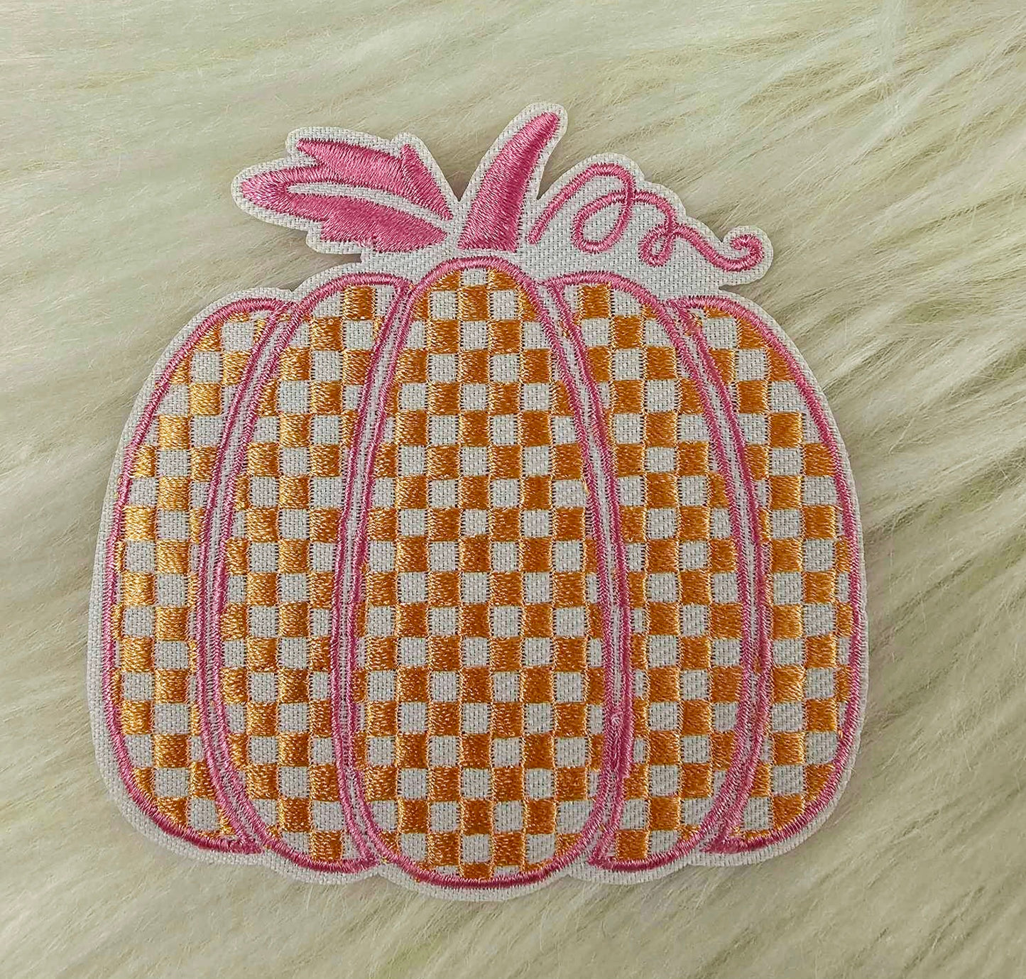 Checkered Orange and Pink Pumpkin Embroidery Iron On Patch