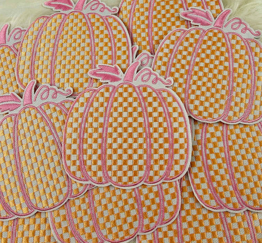 Checkered Orange and Pink Pumpkin Embroidery Iron On Patch