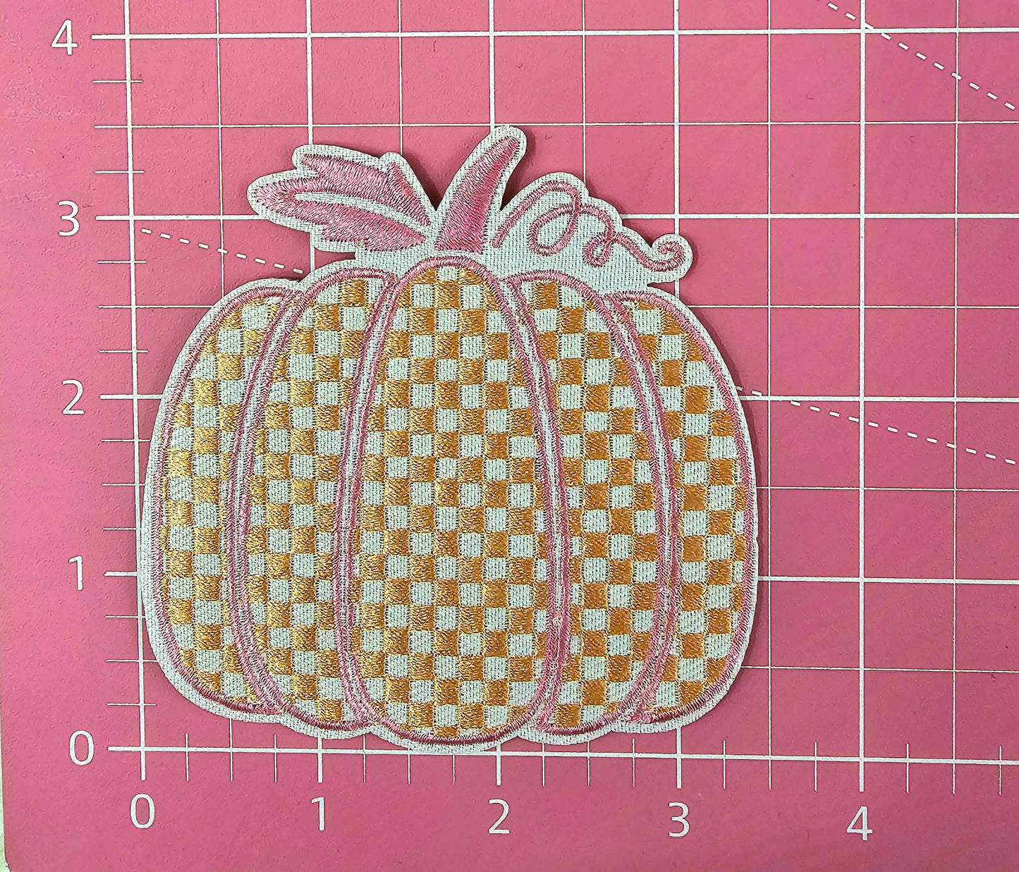 Checkered Orange and Pink Pumpkin Embroidery Iron On Patch