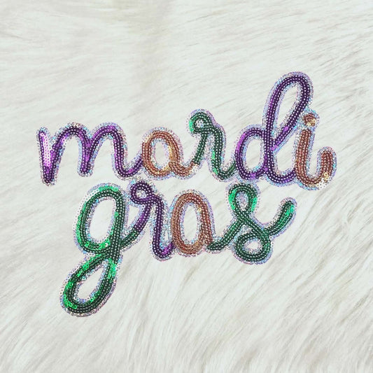 Mardi Gras Cursive Sequin Iron On Patch