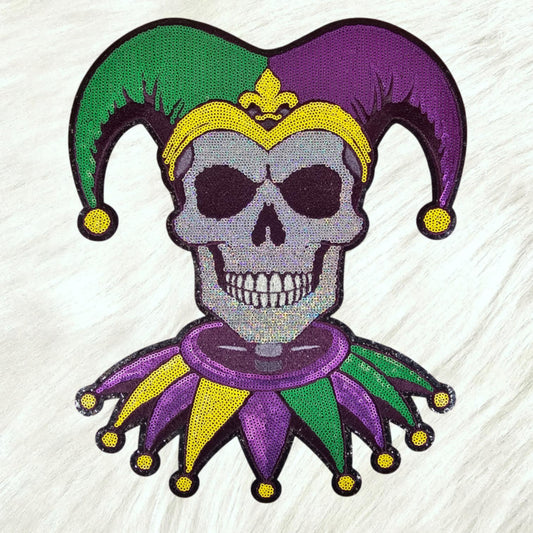 Mardi Gras Jester Skull Sequin on Black Glitter Large Iron On Patch