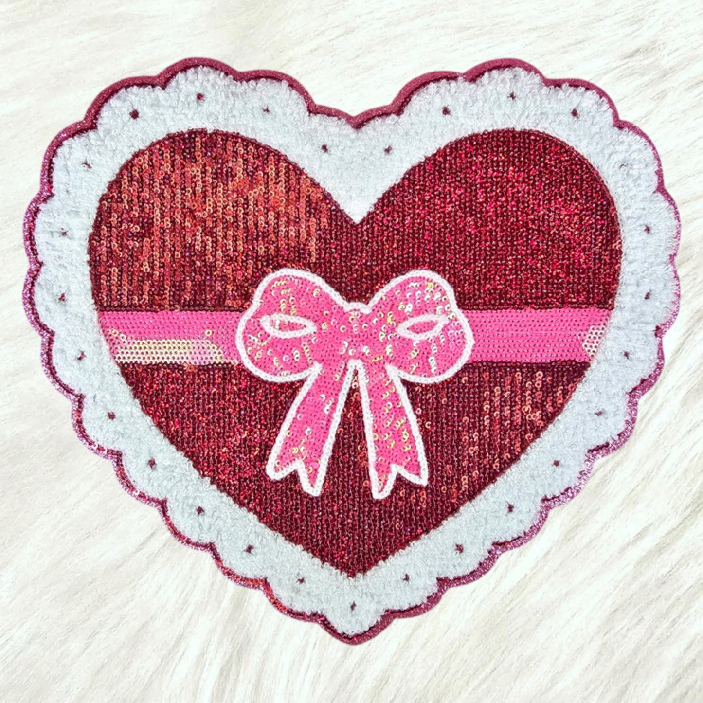 Valentines Heart Box Chocolates Bow Chenille Pink Glitter Large Iron On Patch