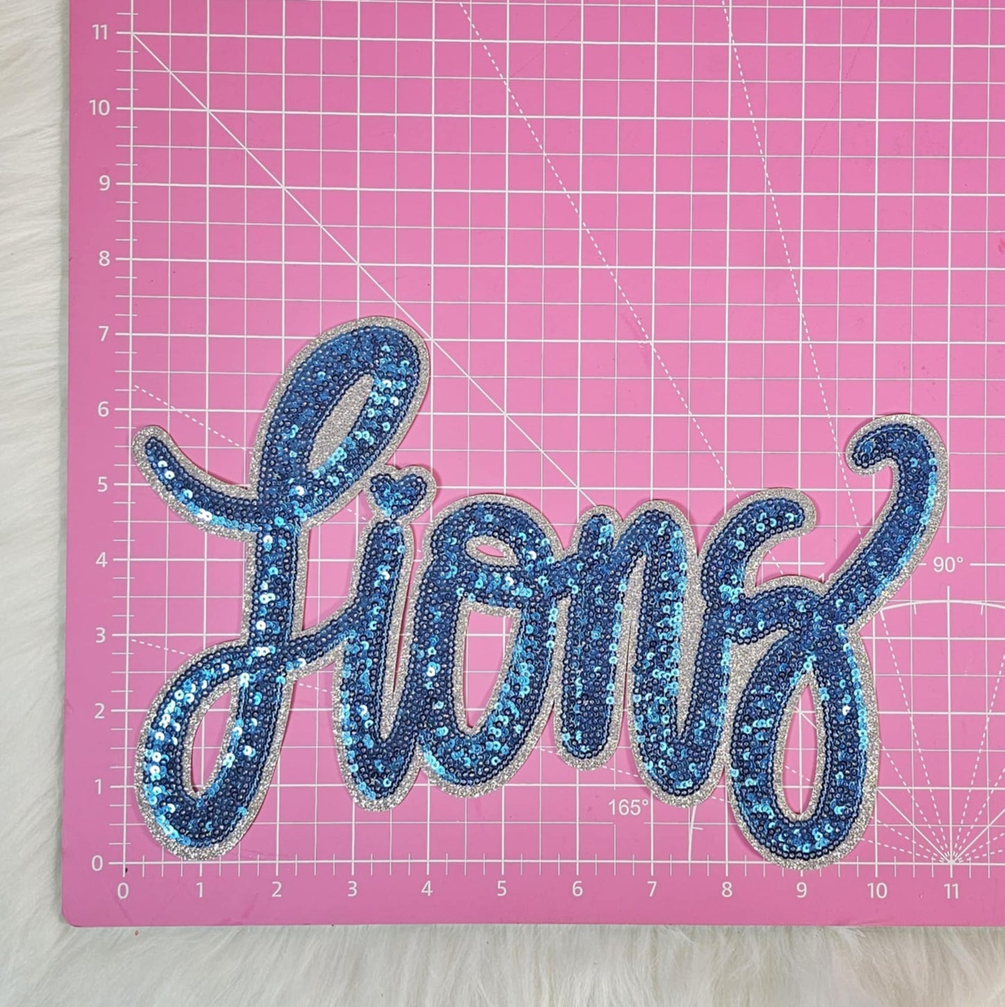 Cursive Lions Heart Sequin with Silver Glitter Large Iron On Patch