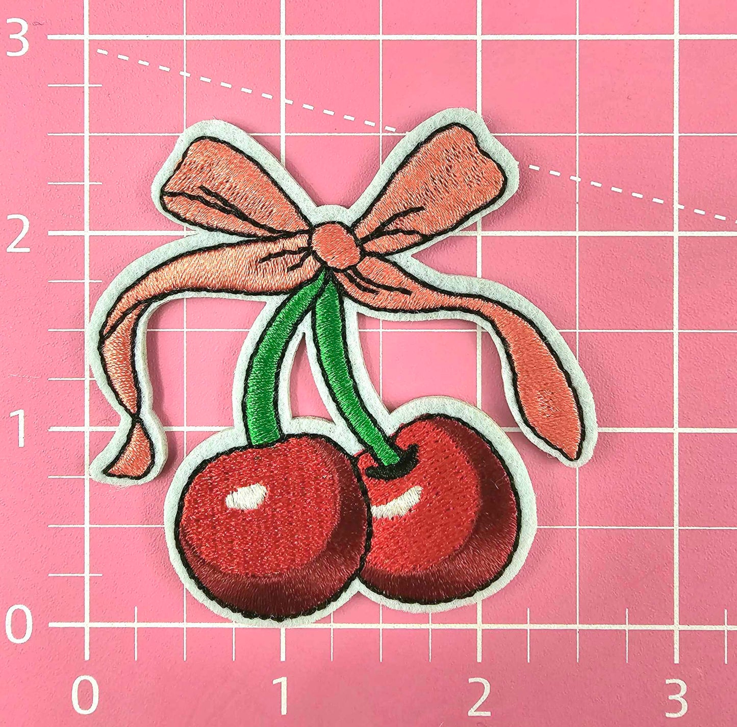 Cherry with Pink Bow Embroidery Iron On Patch