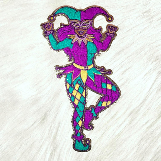 Dancing Dark Skin Mardi Gras Joker Jester Chenille Glitter Large Iron On Patch