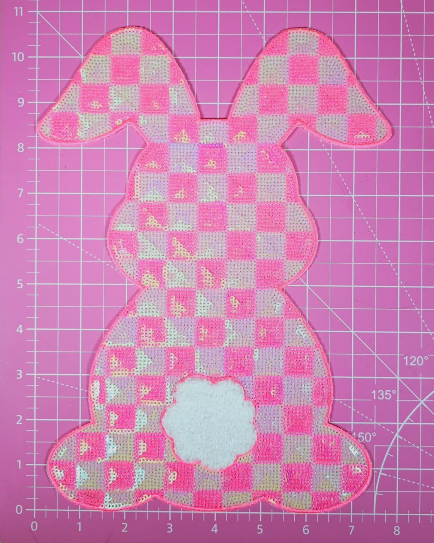 Sequin Pink Checkered Bunny with Chenille Tail Large Iron-on Patch