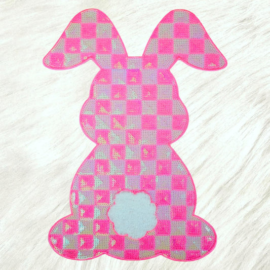 Sequin Pink Checkered Bunny with Chenille Tail Large Iron-on Patch