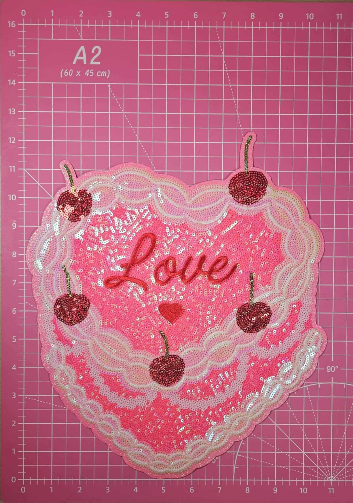 Love Valentines Cake Sequin Cherry Pink Glitter Large Iron On Patch