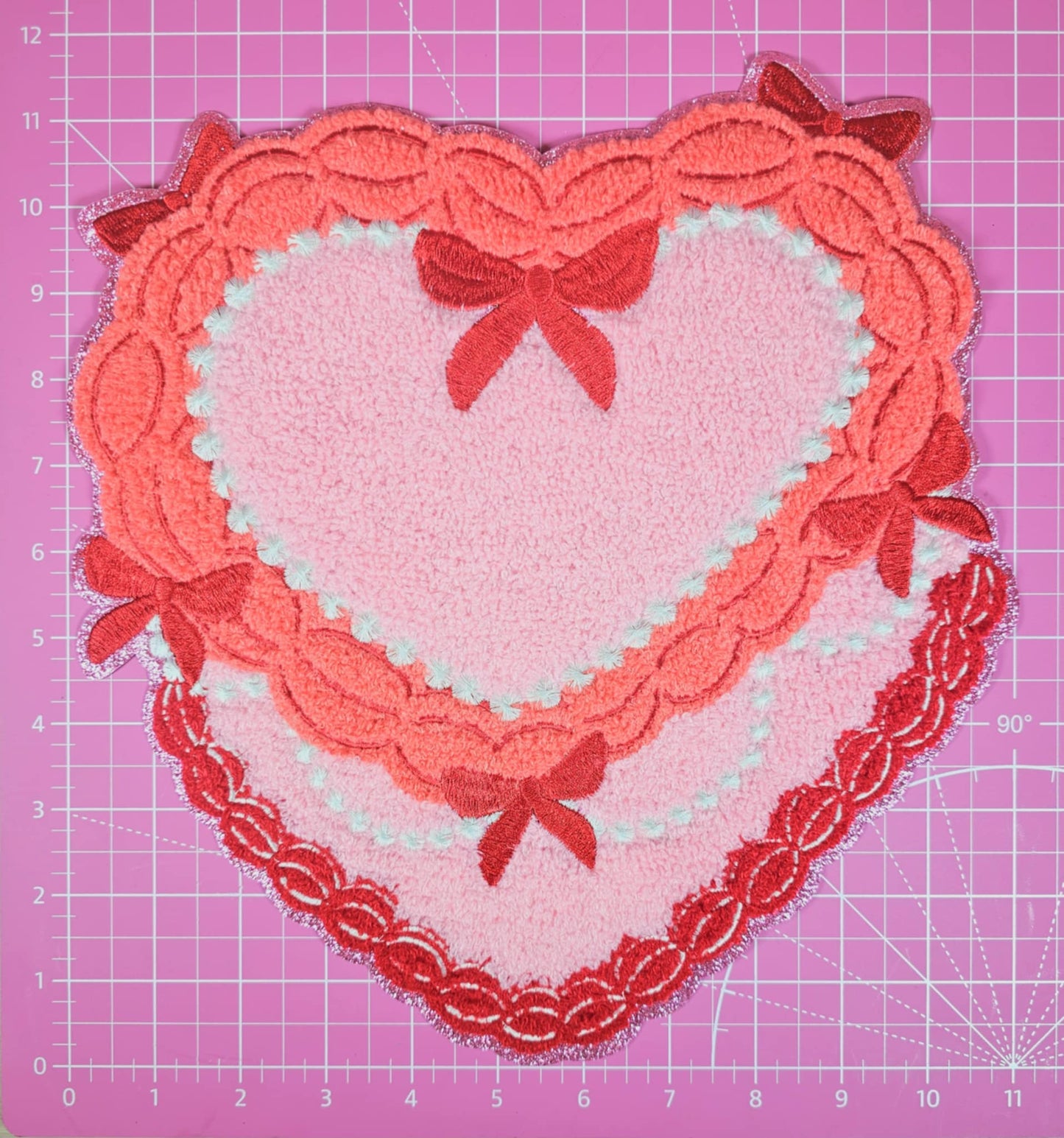 Heart Valentines Bow Cake Chenille Pink Glitter Large Iron On Patch