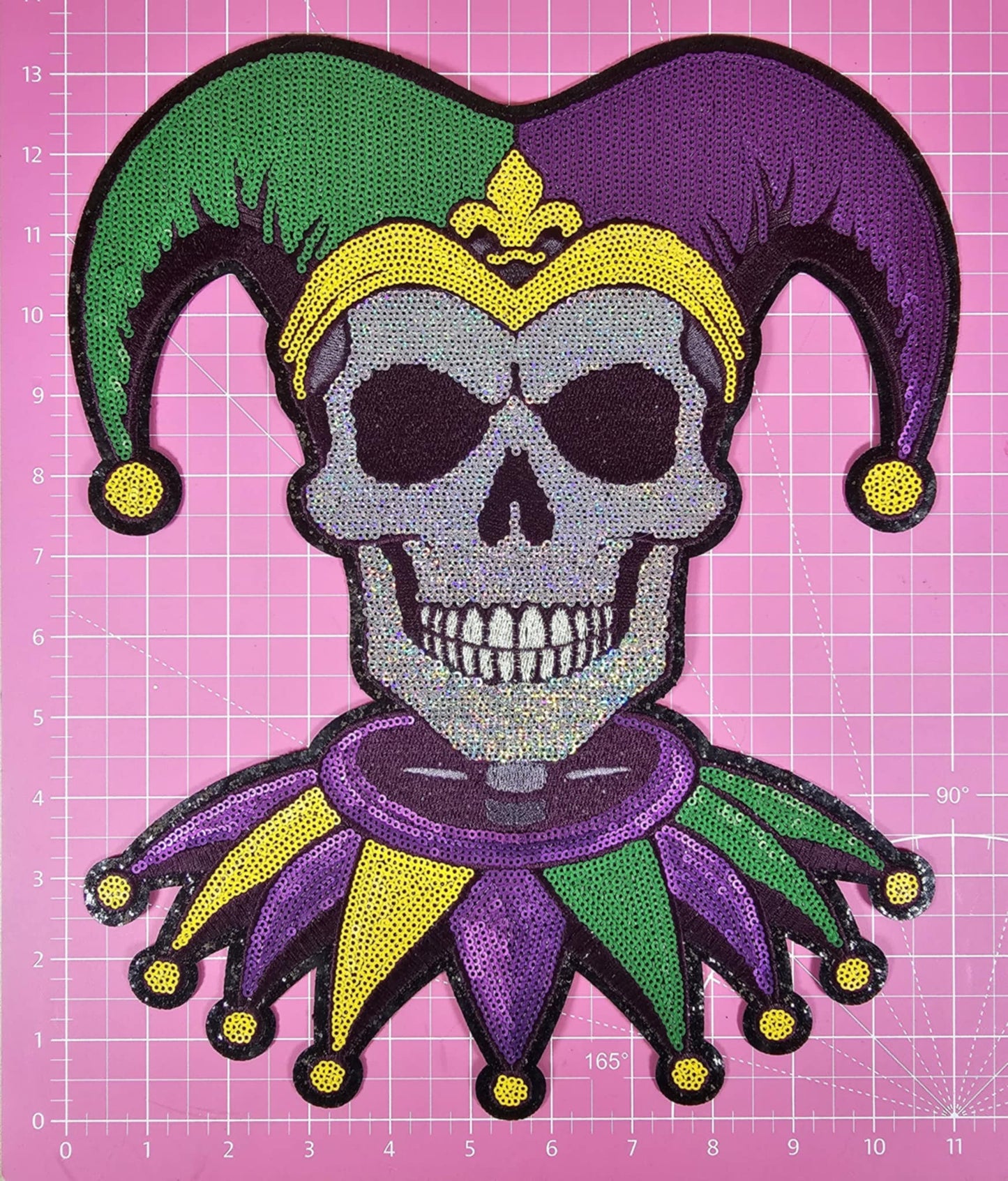 Mardi Gras Jester Skull Sequin on Black Glitter Large Iron On Patch