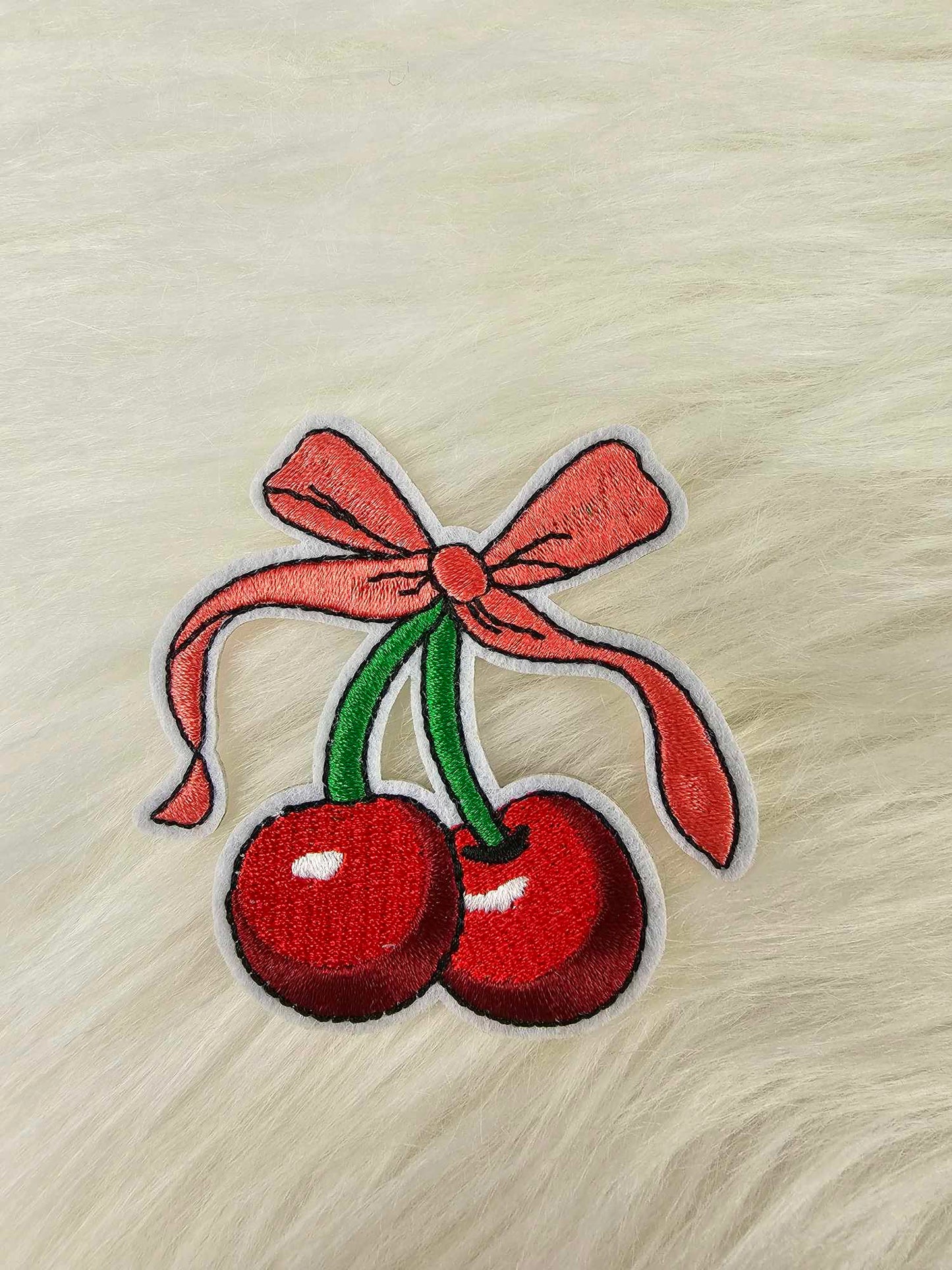 Cherry with Pink Bow Embroidery Iron On Patch