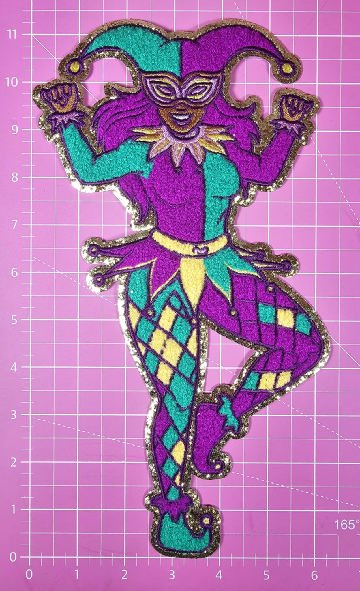 Dancing Dark Skin Mardi Gras Joker Jester Chenille Glitter Large Iron On Patch