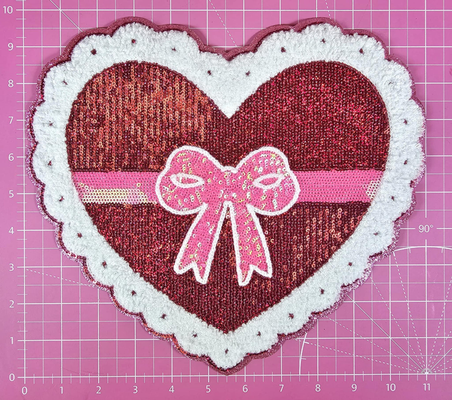 Valentines Heart Box Chocolates Bow Chenille Pink Glitter Large Iron On Patch