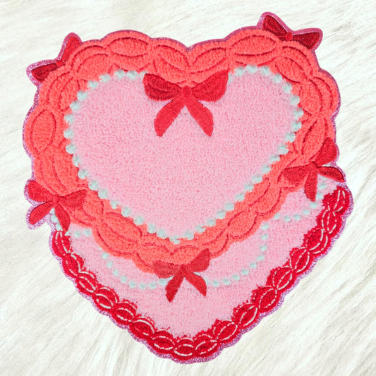 Heart Valentines Bow Cake Chenille Pink Glitter Large Iron On Patch