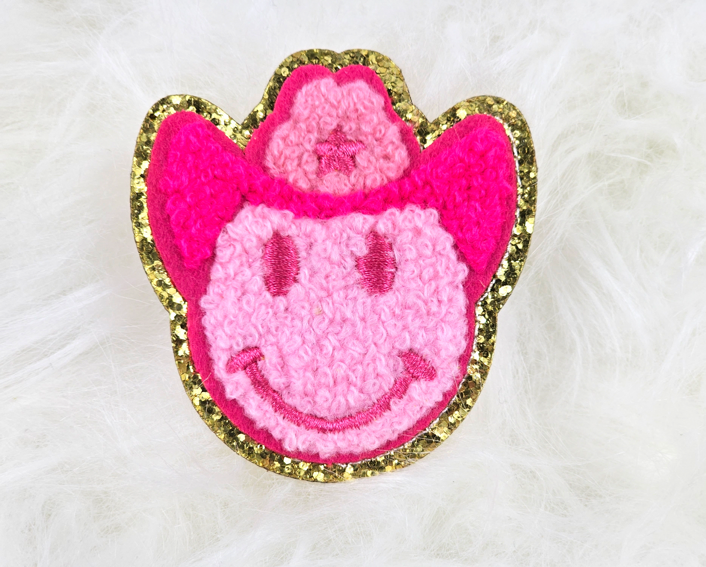 Cowboy Hat Smile Chenille Gold Glitter Iron On Patch