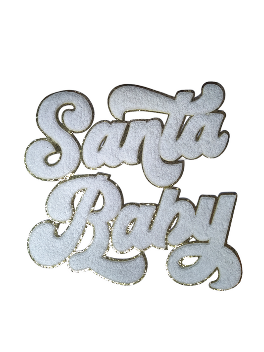 White Santa Baby Chenille Glitter Iron On Patch