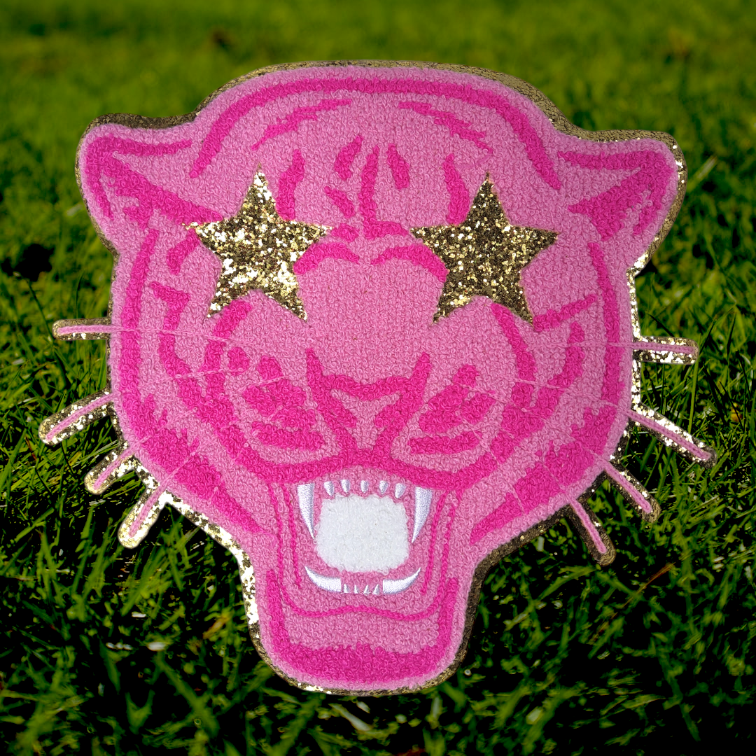 Hot Pink Panther Jaguar Leopard Bobcat Mascot with Star Eyes Large Chenille Iron-on Patch