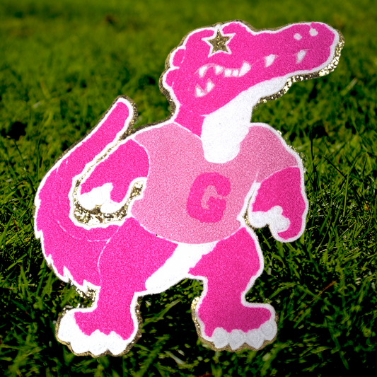 Hot Pink Gator Mascot with a Pink Tee and Star Eyes Large Chenille Iron-on Patch