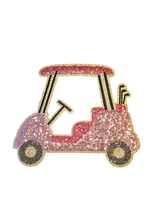 Hot Pink Golf Cart Sequin on Gold Glitter Iron On Patch