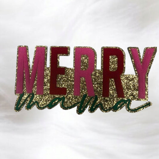 Merry Mama Christmas Chenille on Gold Glitter Iron-on Patch