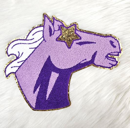 Purple Mustang Horse Bronc Mascot with Star Eyes Large Chenille Iron-on Patch