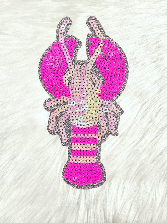 Small Hot Pink Sequin Crawfish Mardi Gras Iron On Patch