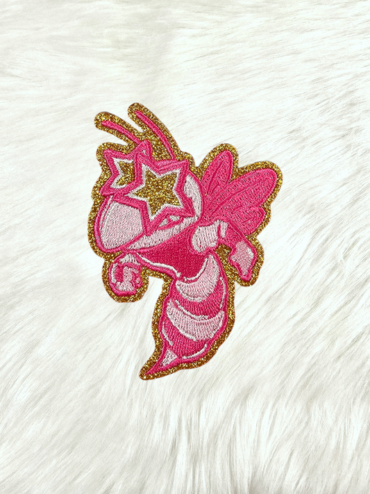 Small Hot Pink Hornet Bee Gold Glitter Mascot with Star Eyes Embroidery Iron On Patch