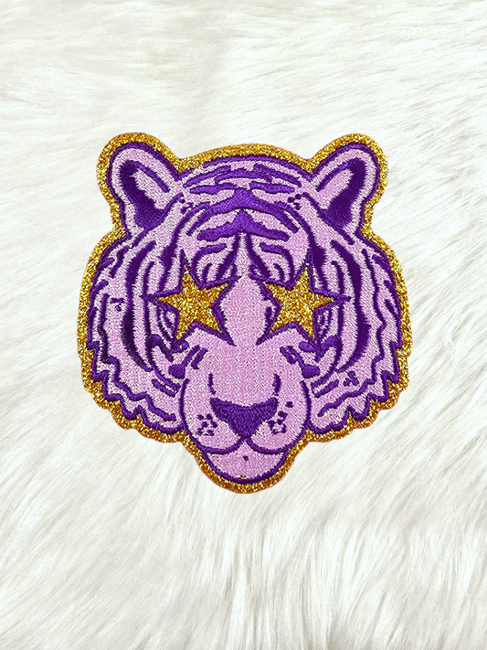 Small Purple Tiger Gold Glitter Mascot with Star Eyes Embroidery Iron On Patch