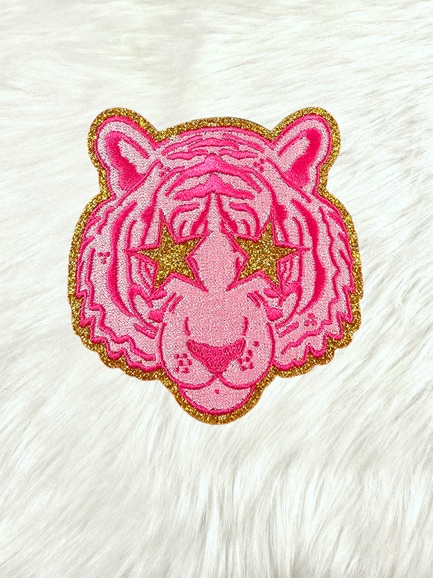 Small Hot Pink Tiger Gold Glitter Mascot with Star Eyes Embroidery Iron On Patch