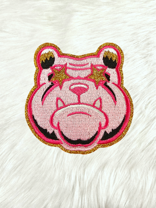 Small Hot Pink Bulldog Gold Glitter Mascot with Star Eyes Embroidery Iron On Patch