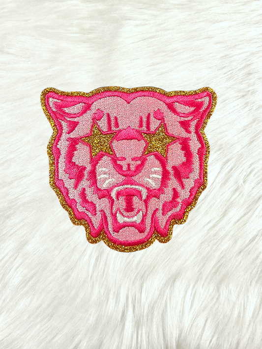 Small Hot Pink Wildcat Cougar Gold Glitter Mascot with Star Eyes Embroidery Iron On Patch